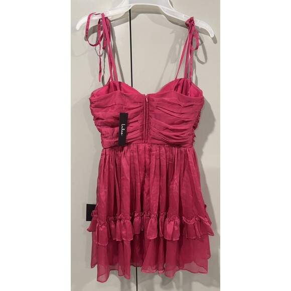 NWT Lulus Angelic Approach Hot Pink Chiffon Ruffled Tie-Strap Mini Dress Small - Picture 3 of 8